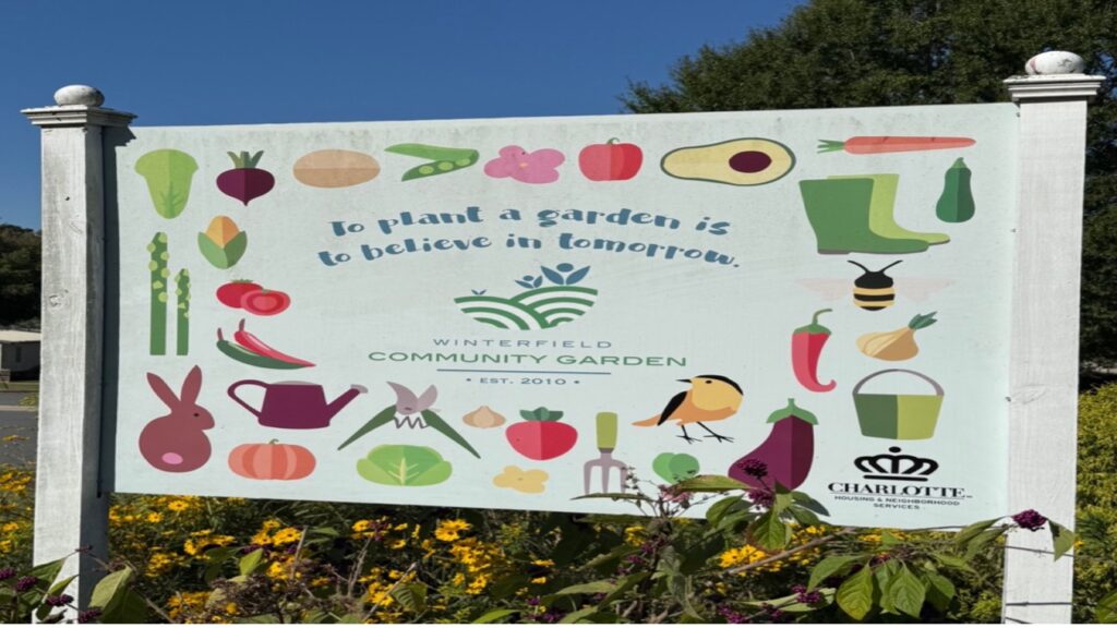 Sign for Winterfield Community Garden in Charlotte, North Carolina.