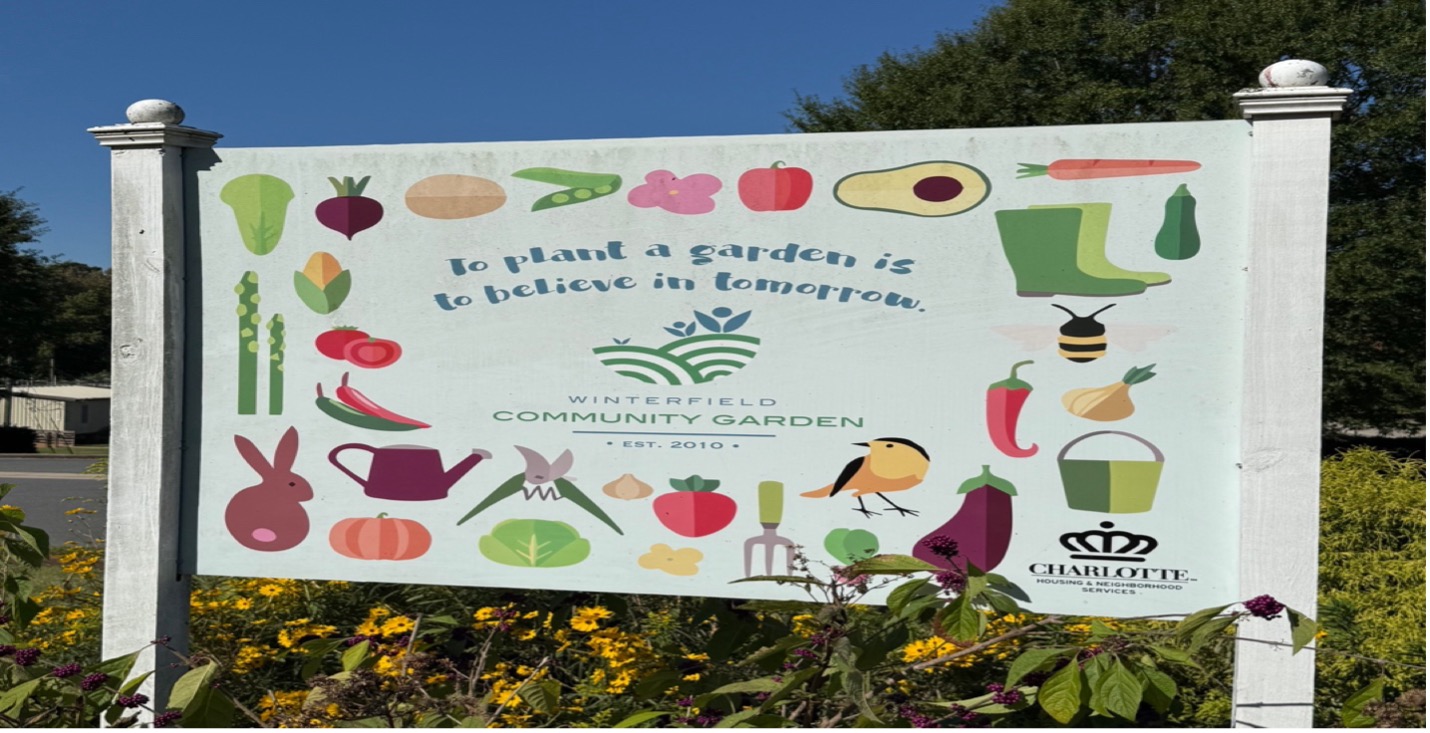 Sign for Winterfield Community Garden in Charlotte, North Carolina.