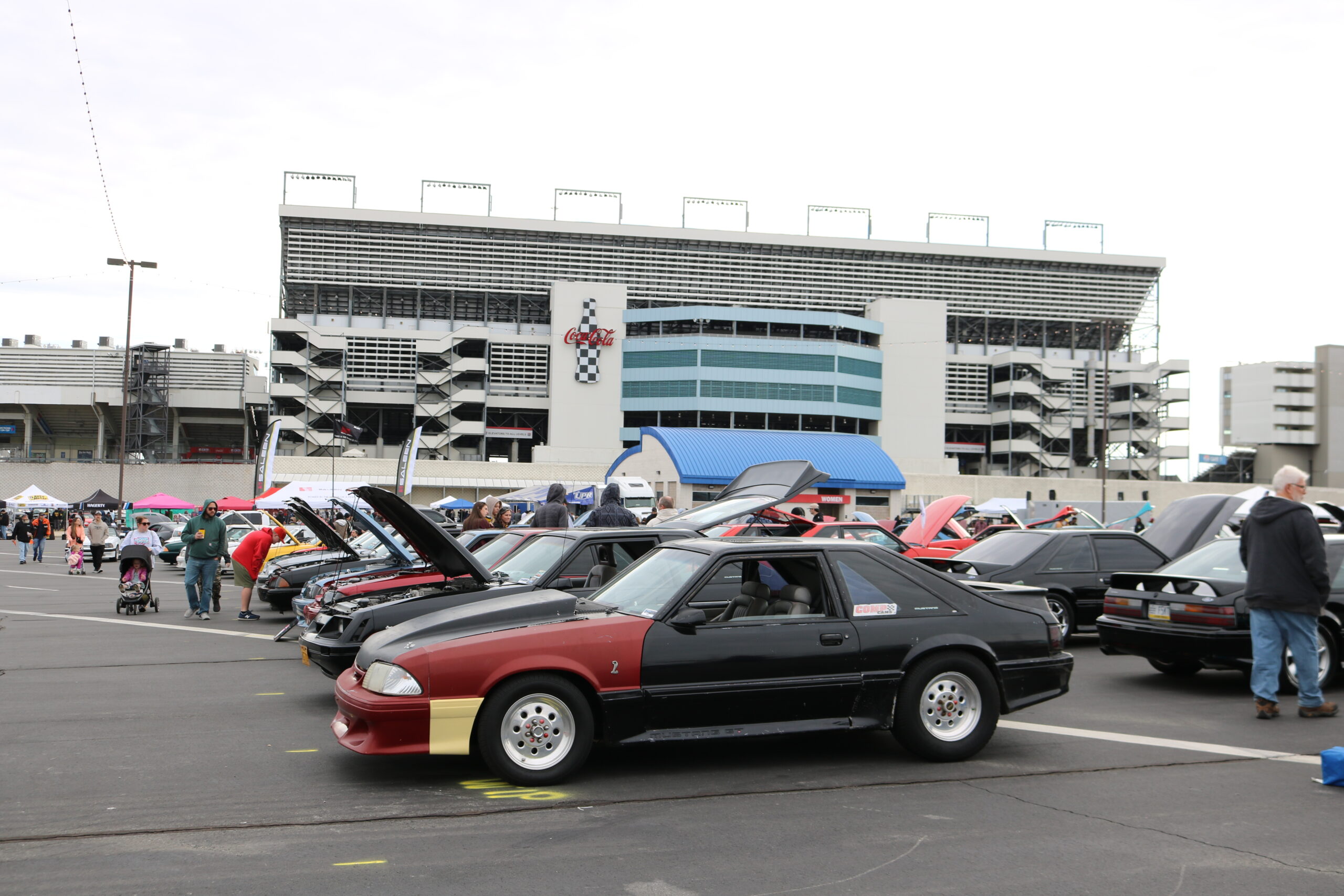 Ford Mustangs line in rows in front of Coca Cola sign at Charlotte Motor Speedway