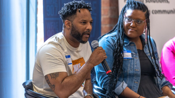 Kenny Robinson, of Freedom Fighting Missionaries, participates in the Innovation In Affordable Housing panel discussion at Charlotte Journalism Collective’s Affordable Housing Impact Summit, held at WFAE Center for Civic & Community Engagement in Charlotte on May 18, 2023.