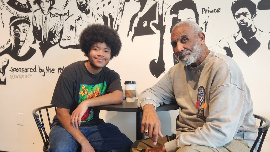 Knight School of Communications student Jaylen Jones sits down with Ken Koontz to talk about local news at Archive CLT. Photo by Jaylen Jones, Queens University News Service.